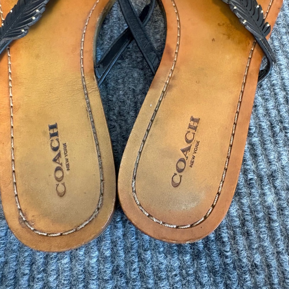 Coach Black Leather Feather Thong Sandals Women's Boho Studded Flip Flops - Picture 4 of 6